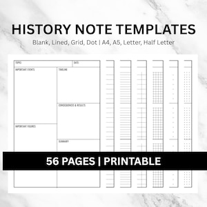 Op de afbeelding: Witte, afdrukbare geschiedenis notitiesjablonen met de tekst "HISTORY NOTE TEMPLATES" en "56 PAGES | PRINTABLE". De sjablonen bevatten blanco, gelijnde, raster- en stipopties in A4, A5, Letter en Half Letter.
