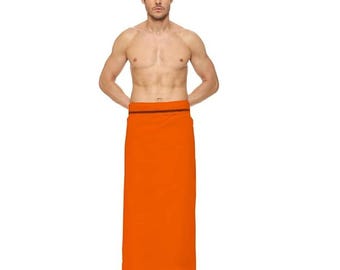 Orange Lungi - Authentic 100% Cotton Fabric for Men - Soft Sarong Swimwear Nightwear Bhagwa Color