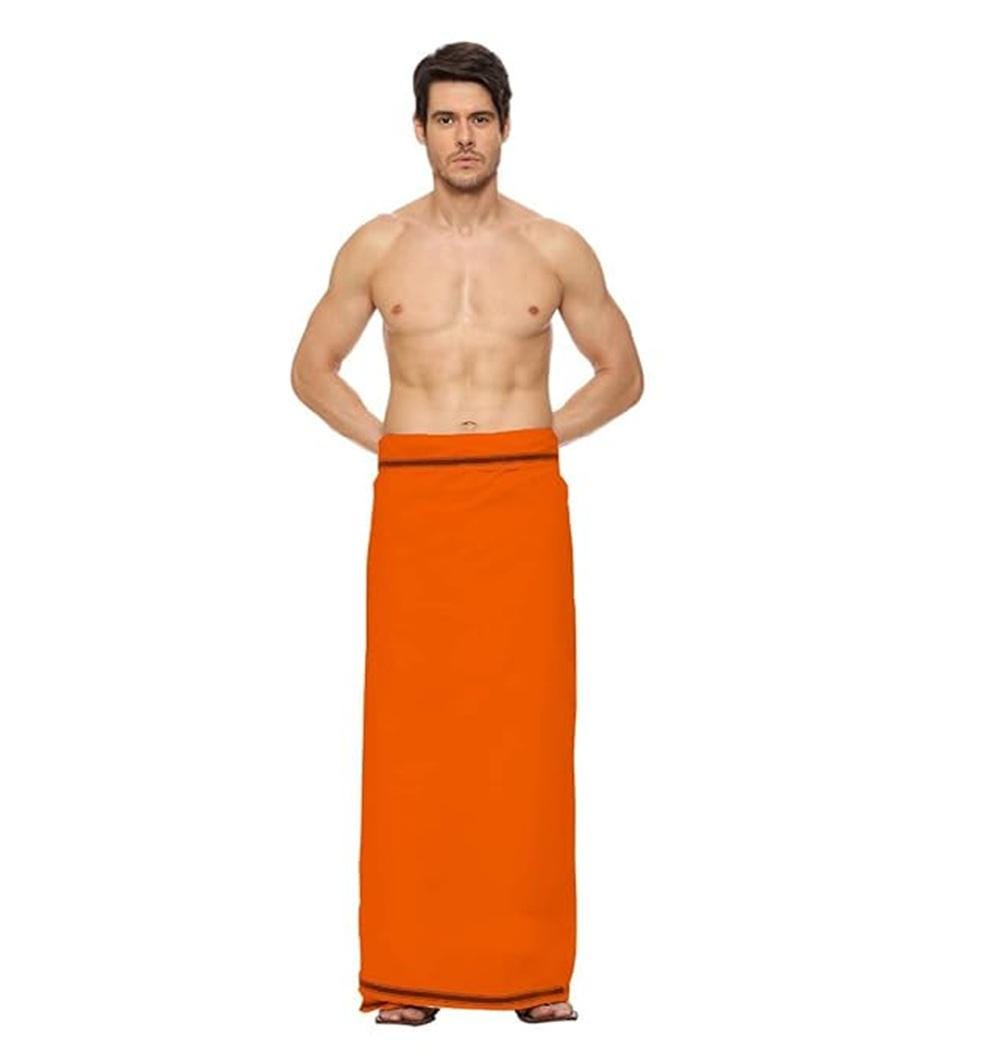 Orange Lungi - Authentic 100% Cotton Fabric for Men - Soft Sarong Swimwear Nightwear Bhagwa Color