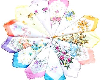 Colorful Women's 100% Cotton Cut Work Bordar Floral Pattern Handkerchief/Ladies Hankies 12 pcs