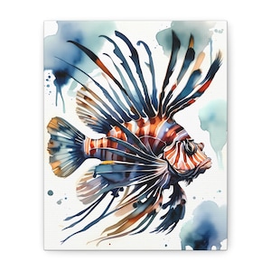 Quadro su tela, acquerello di pesce leone costiero, decorazione da parete per casa sulla spiaggia, dipinto nautico, opera d'arte a tema oceanico, stampa di vita marina sottomarina