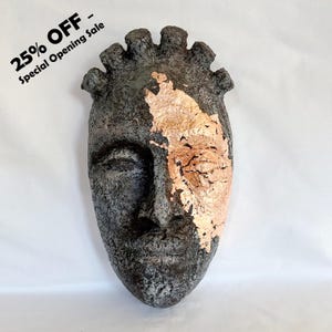 Handcrafted Papier-Mâché Face Sculpture – Tribal Mask with Gold Leaf Decor