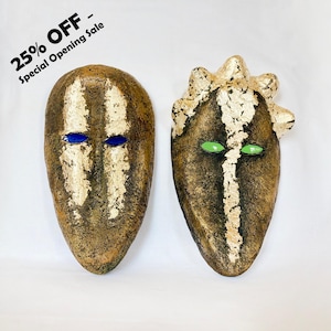 Set of 2 Gilded Tribal Papier-Mâché Masks – Hand-Sculpted Wall Art – OOAK Couple