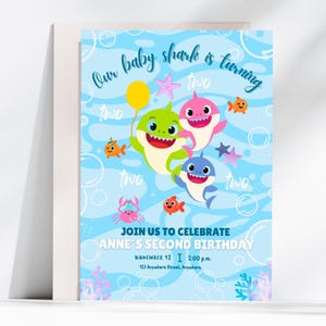 Invitación digital de cumpleaños de Baby Shark / Plantilla editable / Fiesta submarina / Segundo cumpleaños / Temática oceánica / Descarga instantánea