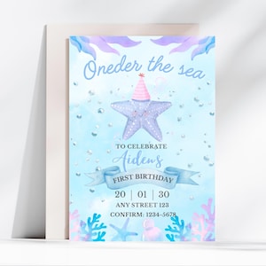 Oneder the Sea Birthday Invitation Printable, Under the Sea Editable Template, 1st Birthday Invite, Ocean Animals Girls Under the Sea Invite