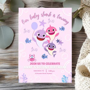 Mädchen Baby Hai Geburtstagseinladung | Rosa BabyHai Party einladen | Bearbeitbarer digitaler Download | Sofort-Vorlage | 1.2.3 Geburtstag