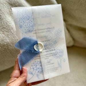 Invitation mariage, Faire-part de mariage, bleu ciel, hortensias, Calque imprimer, cachet de cire et ruban bleu ciel