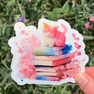 Cat on Books Sticker, Kitten Sticker, Books Sticker, Cat Sticker, Book Lover Sticker, Laptop Sticker, Water Bottle Sticker