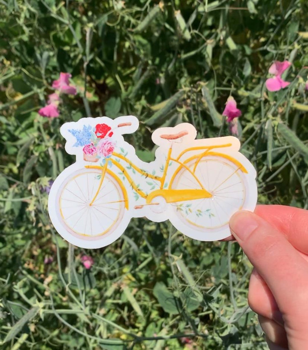 Yellow Bicycle Sticker, Cruiser Bike Sticker, Floral Bike Basket ...