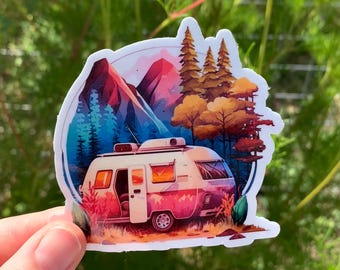 Watercolor Camping Sticker, Camper Sticker, Nature Sticker, Summer Camp Sticker, Unique Camping Sticker