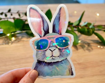 Holographic Bunny Sticker, Blue Rabbit Sticker, Cool Bunny Sticker, Waterproof Vinyl Rabbit with Sunglasses