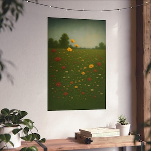 Vintage Botanical Landscape Fine Art Poster, Wildflower Field Wall Decor, Modern Farmhouse Floral Canvas Print, Field Of Flowers Sign