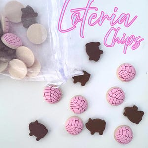 May include: A white sheer drawstring bag containing small circular beige tokens, pink concha-shaped tokens, and dark brown pig-shaped tokens. The text Loteria Chips is written in pink script in the upper right corner of the image.