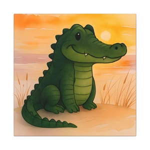 Impresión artística en lienzo de un lindo caimán, decoración para habitación infantil, arte mural de animales, obra de arte de caimán feliz, decoración infantil, regalo para niños