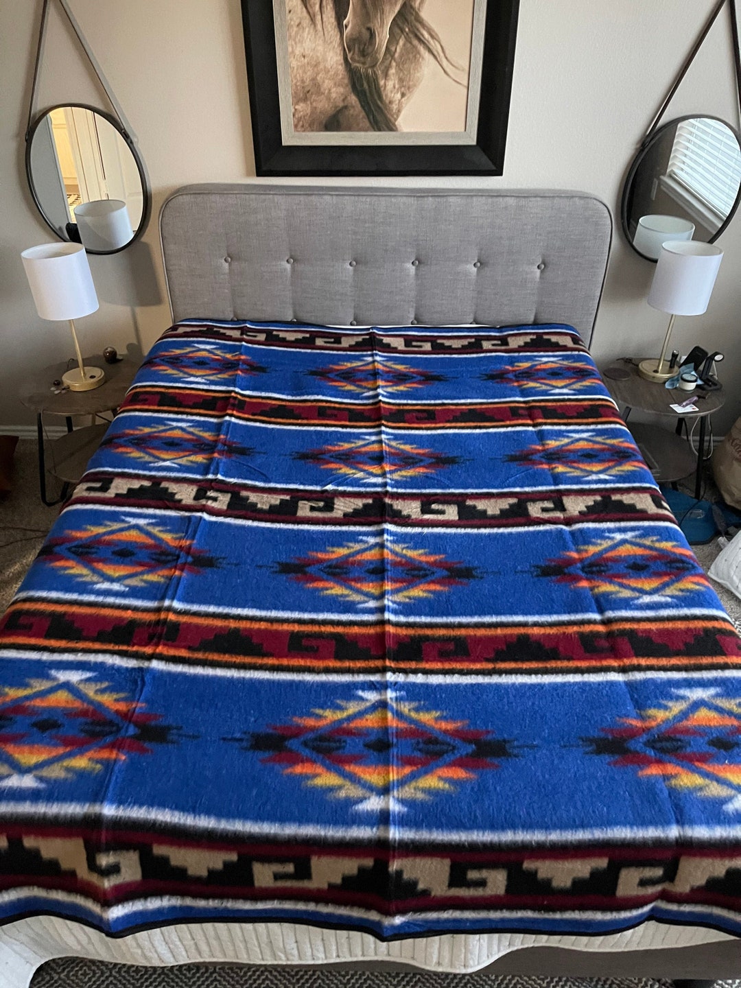 Extra Large Heavy Camp Blanket Reversible Southwestern Queen Bedspread