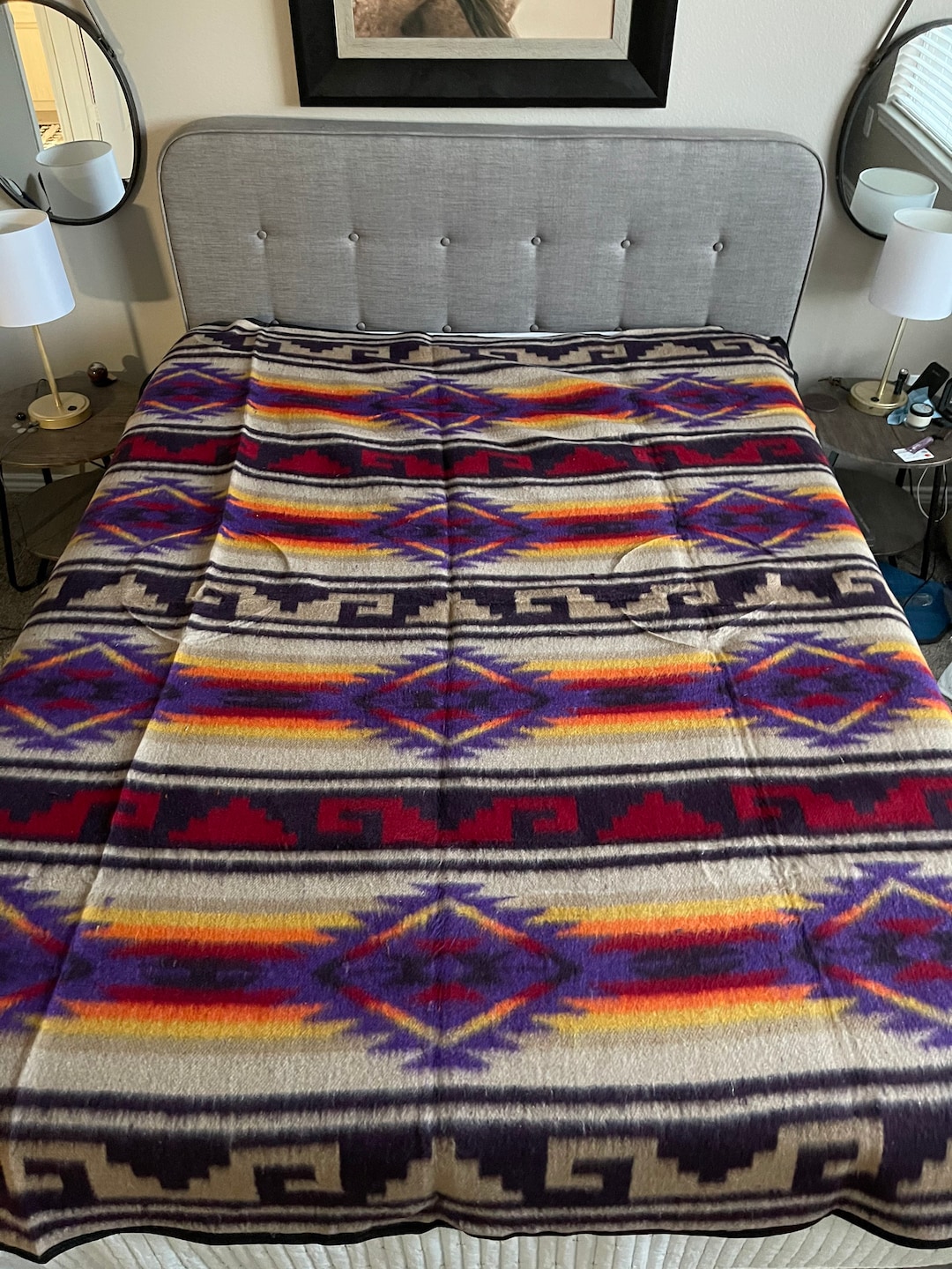 Extra Large Heavy Camp Blanket Reversible Southwestern Queen Bedspread