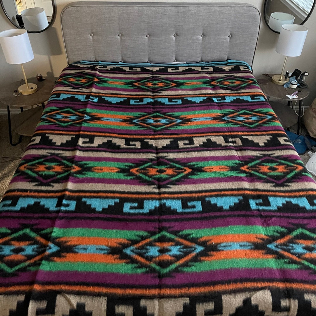Extra Large Heavy Camp Blanket Reversible Southwestern Queen Bedspread