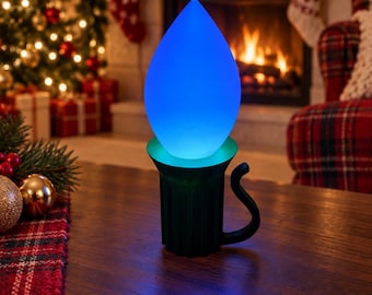 Giant Christmas Light Luminary | Light-Up Holiday Decor, 3D Printed Vintage Style Xmas Bulb, Large Mantle Decoration, Custom Color, 8" TALL!