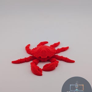 May include: A bright red crab figurine with detailed claws and legs. The crab is centered on a white background. The figurine is a 3D printed item. A logo for First Layer Fanatics is in the lower right corner.