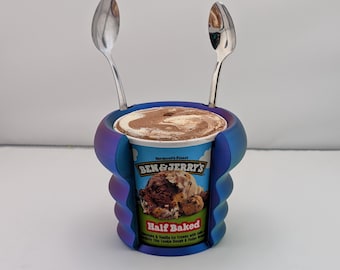 Ice Cream Pint Holder with Spoon Slots | Ben & Jerry's Coozie, Funny Foodie Gift, 3D Printed Kitchen Gadget, No More Cold Hands