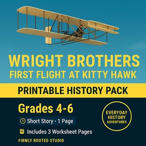 May include: A vintage biplane illustration with the text "WRIGHT BROTHERS FIRST FLIGHT AT KITTY HAWK PRINTABLE HISTORY PACK." The pack includes a short story and worksheets for grades 4-6. The background is a gradient of blue.