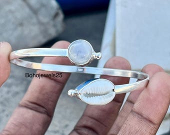 Bracelet jonc pierre de lune, cauris, bracelet en argent sterling, cadeau pour femme, bracelet fait main, bijoux bohèmes, bracelet jonc de pierres précieuses, cadeau pour elle