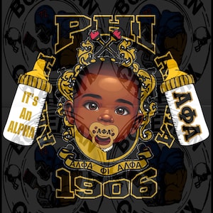 Op de afbeelding: Grafisch ontwerp met een baby met een fopspeen, omringd door tekst en symbolen. Het ontwerp bevat de woorden "PHI", "ALPHA", "1906" en "BOZEMAN". Het kleurenschema is zwart, goud en wit.