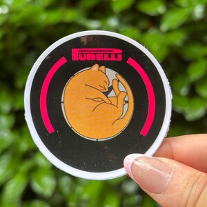 May include: A circular sticker featuring a black background with a white border. In the center, an orange cat is curled into a ball. Above the cat, the word PURELLI is printed in red text, flanked by two curved red lines on the sides.