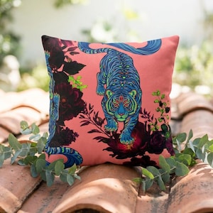 Vibrant Blue Tiger Decorative Pillow -Coral Floral Faux Suede Throw Pillow