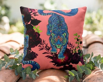 Vibrant Blue Tiger Decorative Pillow -Coral Floral Faux Suede Throw Pillow