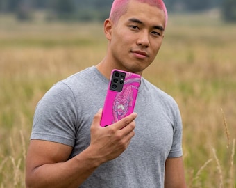 Neon Pink Tiger Phone Case with Card Holder