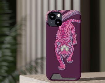 Neon Pink Tiger Phone Case with Card Holder