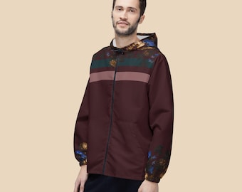 Wine Floral Striped Windbreaker