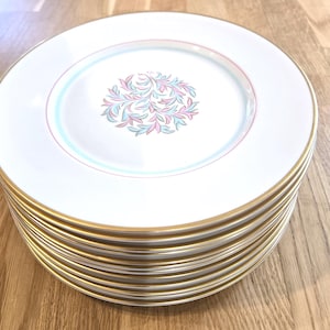 May include: A stack of white ceramic plates with gold rims. Each plate features a central design of pink and teal leaves within a teal and pink border. The plates are stacked on a wooden surface.
