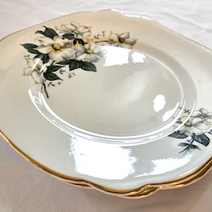 May include: A stack of white porcelain plates with a scalloped edge and gold trim. Each plate features a floral design with white flowers and green leaves. The plates are stacked on a white surface.