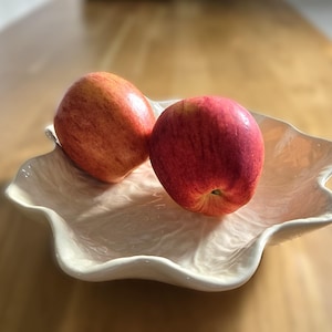 Studio Pottery Leaf Dish - Signed Ella 1981 - Ivory Crackle Glaze