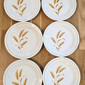 Peut inclure: Six assiettes en céramique blanche avec un motif d'épis de blé. Chaque assiette présente un bord doré et une illustration centrale d'épis de blé dans des tons de marron et d'or. Les assiettes sont disposées sur une surface en bois.
