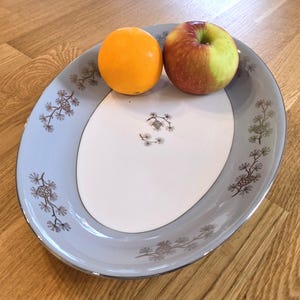 May include: Oval serving platter with a light blue border and a white centre. The platter is decorated with a brown floral pattern and a silver rim. An orange and an apple rest on the platter.