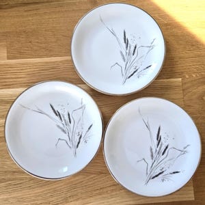 May include: Three white ceramic plates with a silver rim and a black and gray wheat stalk design. The plates are arranged on a wooden surface, showcasing a classic and elegant tableware set.