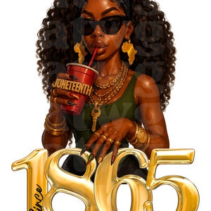 Junteenth Clipart | Gold 1865 Abbildung Schwarz | Schwarzes Mädchen digitale Kunst PNG | Melanin Königin Download | Juniteenth PNG