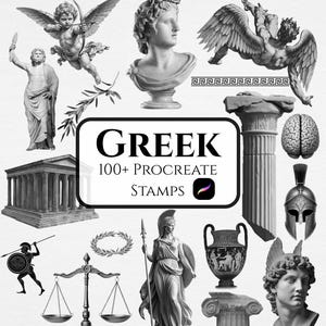 Op de afbeelding: Een digitale collectie van zwart-wit illustraties met een Grieks thema, waaronder beelden, zuilen, een tempel, een helm, een brein, een weegschaal en een amfoor. De centrale tekst luidt GREEK 100+ PROCREATE STAMPS met een icoon.