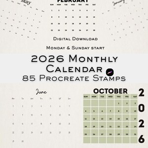 May include: A digital download featuring a 2026 monthly calendar with 85 Procreate stamps. The design includes calendar months like February and October, with a Monday and Sunday start. The text is in a neutral color palette.