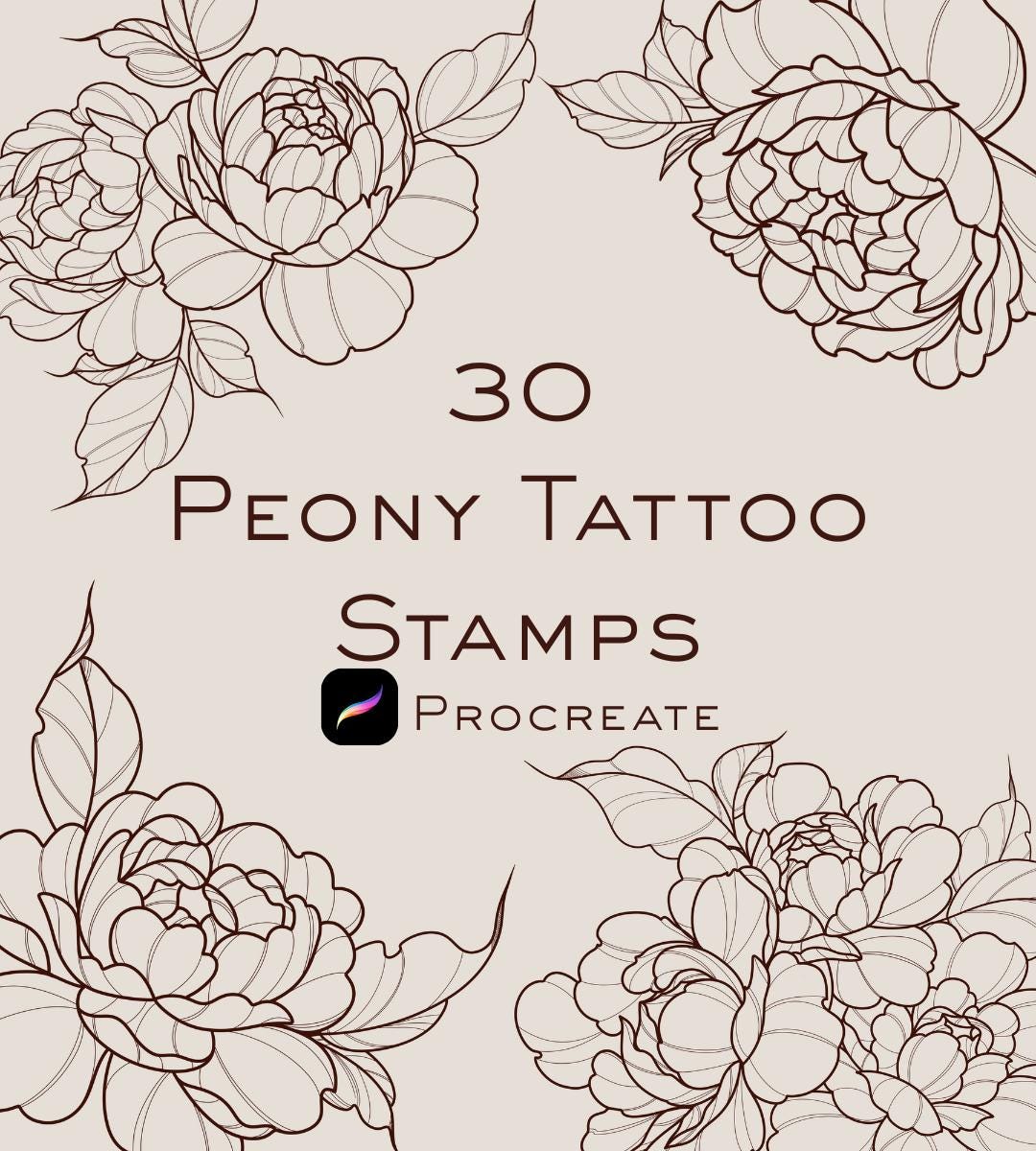 Peony Procreate Brush Stamps, Peony Tattoo, Leaf Peonies Brush Set, Commercial Use