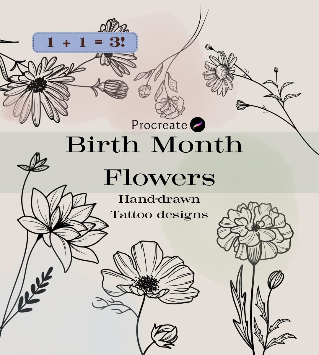 Birth Month Flowers - Fineline Procreate Stamps - Tattoo Brush Set ...