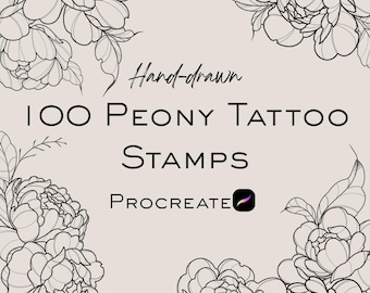 100 Peony Procreate Brush Stamps, Peony Tattoo, Wedding Decoration, Leaf Peonies Brush Set, Decorative Peony package, Commercial Use