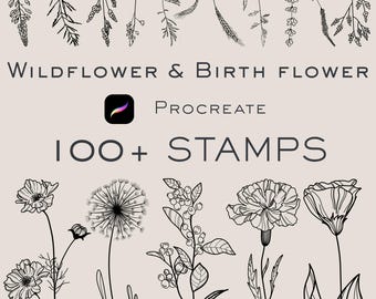 Wildflower & Birth Flower Procreate Stamps | Floral Brushes Pack | Tattoo, POD, Journaling