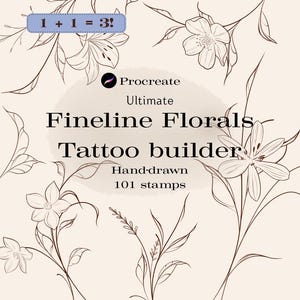 Può includere: Opera d'arte digitale con delicati disegni floreali a linea sottile. L'immagine include il testo "Fineline Florals Tattoo builder" e "Hand-drawn 101 stamps". Un piccolo rettangolo blu in alto dice "1 + 1 = 3!".
