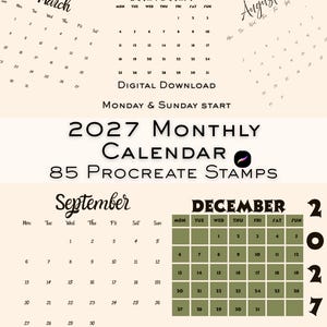 May include: A digital collection of 85 Procreate stamps for a 2027 monthly calendar. The image displays various calendar layouts for January, March, August, September, and December, featuring both Monday and Sunday start options in black text.