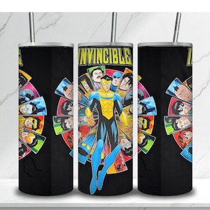 May include: A black tumbler featuring a comic book design with the word "INVINCIBLE" in yellow and green. The tumbler showcases a central character in a blue and yellow suit, surrounded by other characters in a radial pattern.