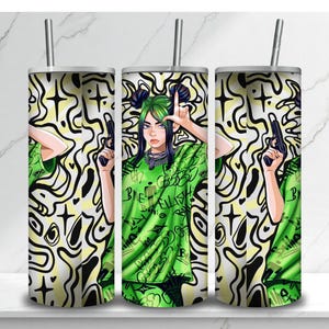 May include: Three stainless steel tumblers with a wraparound design featuring a cartoon illustration of a person in a green outfit, holding a gun. The background has a black and yellow abstract pattern.